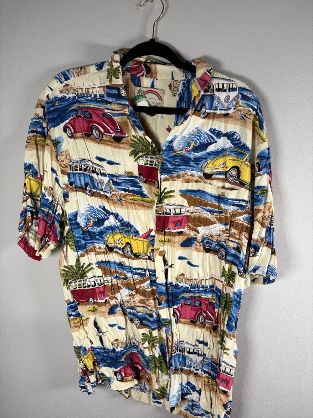 Paradise Found Vintage Cream Hawaiian Beach VW Car Van Themed Button-Down Shirt